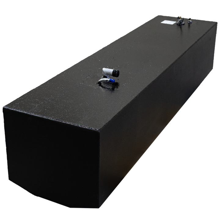 Black fuel tank designed for an Aquasport 25' boat, 2002 model, with a capacity of 143 gallons, featuring a fuel gauge and connection points on top