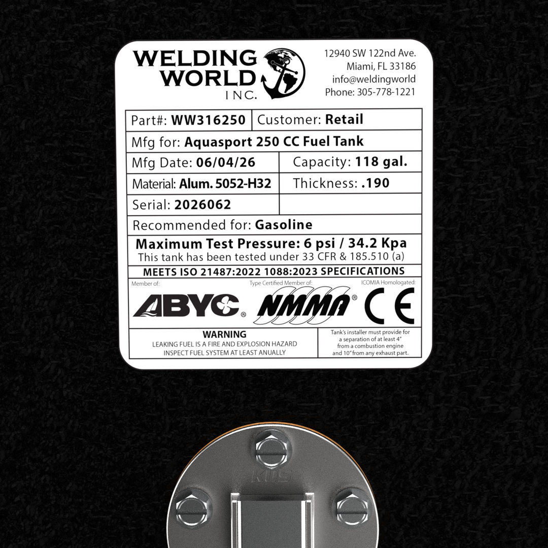 Close-up top-deck hardware layout view of a black AquaSport 250 CC replacement marine fuel tank. The image highlights the technical layout of the electronic fuel level sending unit with wire leads mounted directly beneath a manufacturer specification data placard listing part number WW316250. Fabricated from heavy-gauge marine-grade 5052-H32 aluminum with a thickness of .190, the 118-gallon capacity center-hull tank body is fully encapsulated in a textured, anti-corrosive black TarGard epoxy coating. Every 
