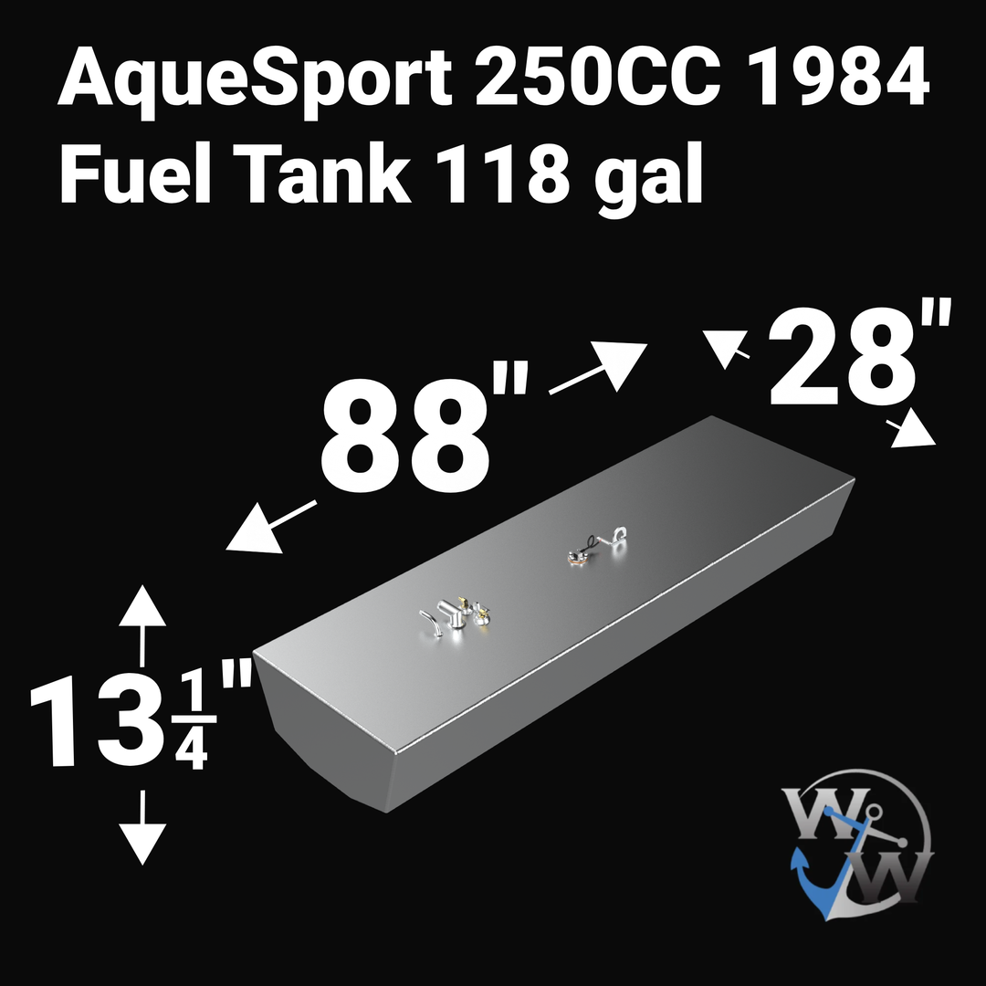 Dimensional technical diagram for a raw aluminum AquaSport 250CC 1984 replacement marine fuel tank featuring a 118-gallon design. The graphic displays precise technical specifications with measurements of 88" length, 28" width, and 13 1/4" height, showcasing an elongated rectangular profile with specialized hull-conforming slightly angled bottom contours engineered to seat flush within the boat's central bilge cavity. The top deck displays an unsealed variant layout featuring a decentralized mechanical hard
