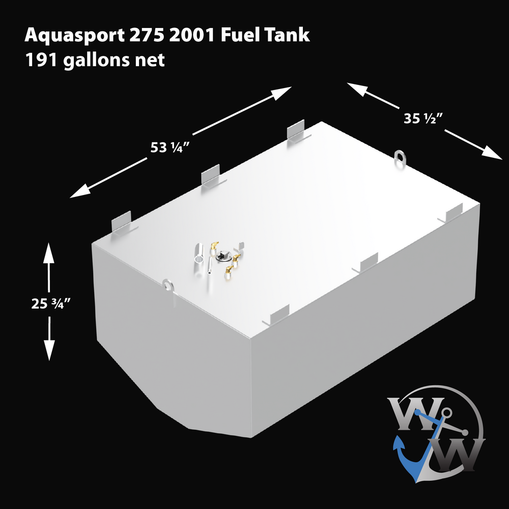 A white 3D model rendering of the Aquasport 275 2001 Fuel Tank with dimensions and features labeled. The tank is rectangular with slightly chamfered edges on one side and has multiple welded metal mounting brackets along the top edges. The dimensions are 53 1/4 inches in length, 35 1/2 inches in width, and 25 3/4 inches in height. On top of the tank are various fittings including brass fuel connectors, a black capped vent, and a sensor or wiring connection