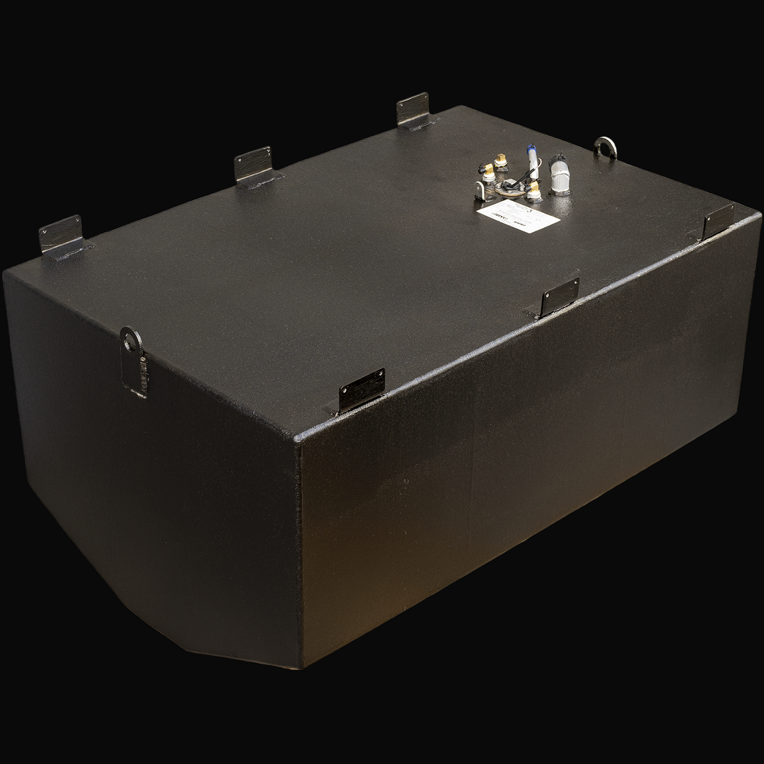 A large rectangular black fuel tank with a matte finish, shown from an angled perspective. The tank features six welded metal mounting brackets on its top edges and two metal lifting eyes on the sides. On the top surface, there is a small label with product information along with various fittings, including two brass fuel connectors, a black and blue capped vent, and a sensor or wiring connection. The tank has clean, sharp edges and a sturdy, industrial design