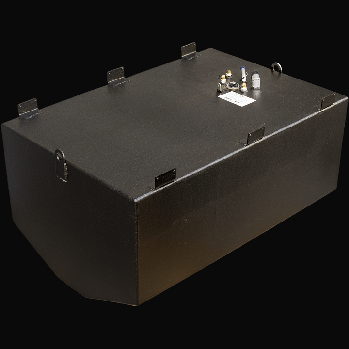 A large rectangular black fuel tank with a matte finish, shown from an angled perspective. The tank features six welded metal mounting brackets on its top edges and two metal lifting eyes on the sides. On the top surface, there is a small label with product information along with various fittings, including two brass fuel connectors, a black and blue capped vent, and a sensor or wiring connection. The tank has clean, sharp edges and a sturdy, industrial design