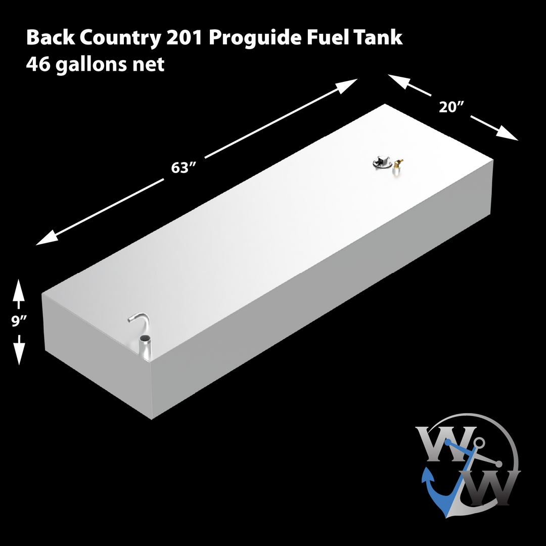 A silver-colored, rectangular Back Country 201 Proguide Fuel Tank, with a 46-gallon net capacity. The tank measures 63" in length, 20" in width, and 9" in height. It features a few small fittings on its top surface, including a hose with a curved end and a small golden nozzle