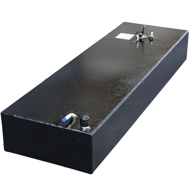 A black, rectangular, OEM replacement belly fuel tank with a textured surface, designed for a Back Country 201 Proguide and holding 46 gallons net. The tank has various metal fittings on its top, including a white hose with a blue cap, a black cap, a small golden post, and a circular gauge with wires and a white label