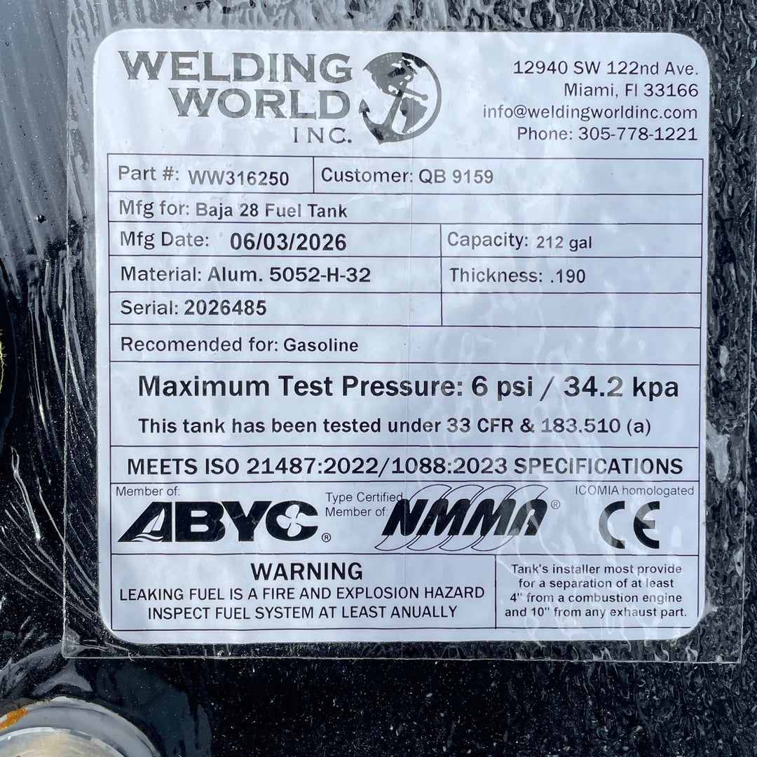 Close-up top-deck hardware layout view of a black Baja 28 replacement marine fuel tank. The image focuses on a manufacturer specification data placard listing part number WW316250, customer code QB 9159, and a manufacturing date of 06/03/2026. Fabricated from heavy-gauge marine-grade 5052-H32 aluminum with a thickness of .190, the 212-gallon capacity center-hull tank body is fully encapsulated in a textured, anti-corrosive black TarGard epoxy coating. Every unit is precision-engineered by Welding World in c