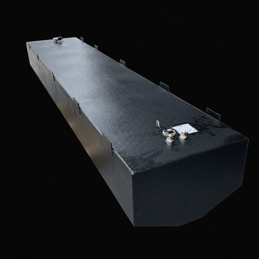 A high-angle isometric perspective view of an elongated black Baja 28 1990 replacement marine fuel tank. This high-capacity 212-gallon center-hull fuel cell features an extended flat top deck, integrated perimeter mounting tabs, and a specialized hull-conforming deep-V bottom contour engineered by Welding World to seat flush within the boat's central bilge cavity. Precision-fabricated from heavy-gauge marine-grade 5052-H32 aluminum, the structure is completely encapsulated in an anti-corrosive, textured bla