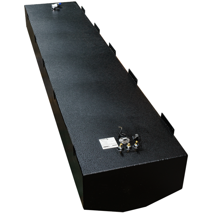 A long, rectangular, black fuel tank with a textured surface, shown from an elevated, angled perspective. It features various fittings and connections on its top surface, along with multiple mounting brackets along its sides. The foreground corner of the tank is rounded. The background is a repeating pattern of black and transparent squares