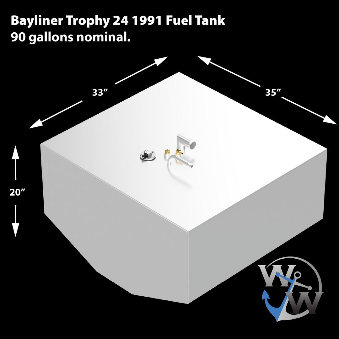 90-gallon nominal OEM-style fuel tank for 1991 Bayliner Trophy 24 shown with dimensional callouts: 33" width × 35" length × 20" height. Top-mounted fittings—vent, sender, and ground lug—are positioned in alignment with deck access requirements and factory schematics. Dimensional accuracy confirms hull cavity conformity, ensuring seamless fitment and operational integration within the vessel’s fuel system