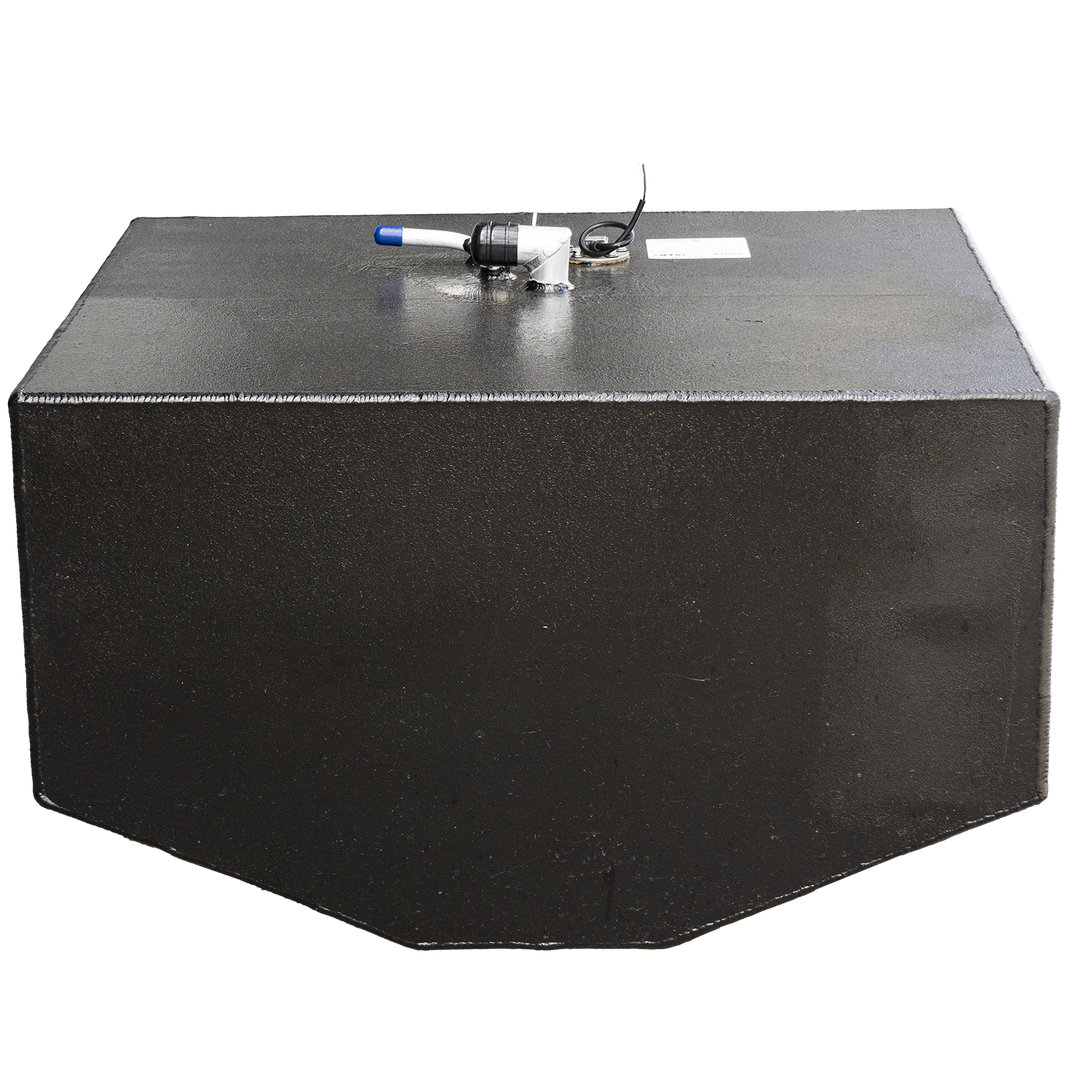 Rendered view of OEM-style 90-gallon replacement fuel tank for 1991 Bayliner Trophy 24 with transparent background for catalog or layout integration. Features angled bottom edge for hull conformity and top-mounted sensor housing with blue-handled connector. Includes visible white specification label and routed cable, confirming system readiness for fuel level monitoring. Image aids in component verification and technical documentation assembly