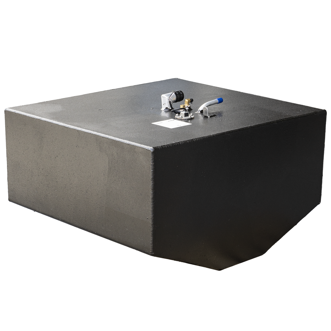 Top-mounted configuration for OEM-style rectangular fluid tank, equipped for monitoring and pressure regulation. Features include a blue-handled control valve, analog pressure gauge, and white sensor device, all secured on a flat black surface with a visible data label. Assembly is optimized for accurate fluid management, allowing integration into closed-loop or transfer systems requiring pressure tracking and manual shutoff capability