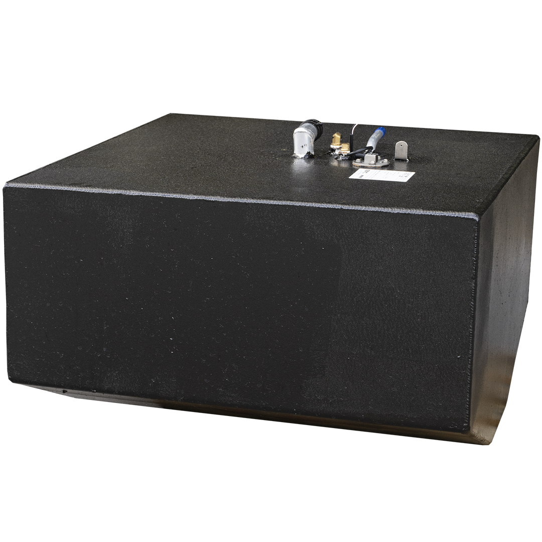 Inspection of fluid system enclosure featuring textured black rectangular housing with top-mounted hardware: includes metallic vent or return pipe, brass fitting, and blue-handled shutoff valve. Component layout supports controlled pressurization, flow management, and grounding continuity. White label indicates identification or pressure rating. Configuration ready for integration into closed-loop or monitored fluid systems