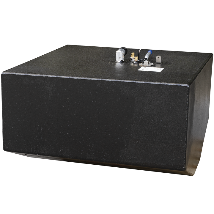 Inspection of fluid system enclosure featuring textured black rectangular housing with top-mounted hardware: includes metallic vent or return pipe, brass fitting, and blue-handled shutoff valve. Component layout supports controlled pressurization, flow management, and grounding continuity. White label indicates identification or pressure rating. Configuration ready for integration into closed-loop or monitored fluid systems