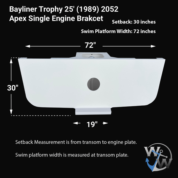 Technical drawing of a Pursuit 2100 Apex Single Engine Bracket with dimensions on a black background.