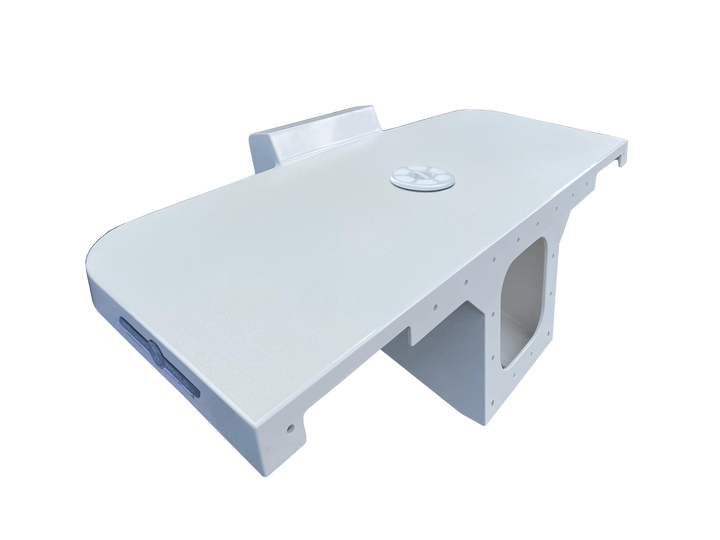 A comprehensive set of images and a title for a white, fiberglass boat engine bracket for a single outboard engine, specifically identified as a "Pursuit 2100 Apex Single Engine." The bracket features a wide, T-shaped top mounting plate with rounded front corners and a raised, rectangular transom mounting surface at the rear. A circular access hatch or inspection port cover is centered on the top surface. The main body is hollow, presenting a large, squarish central cutout for the en
