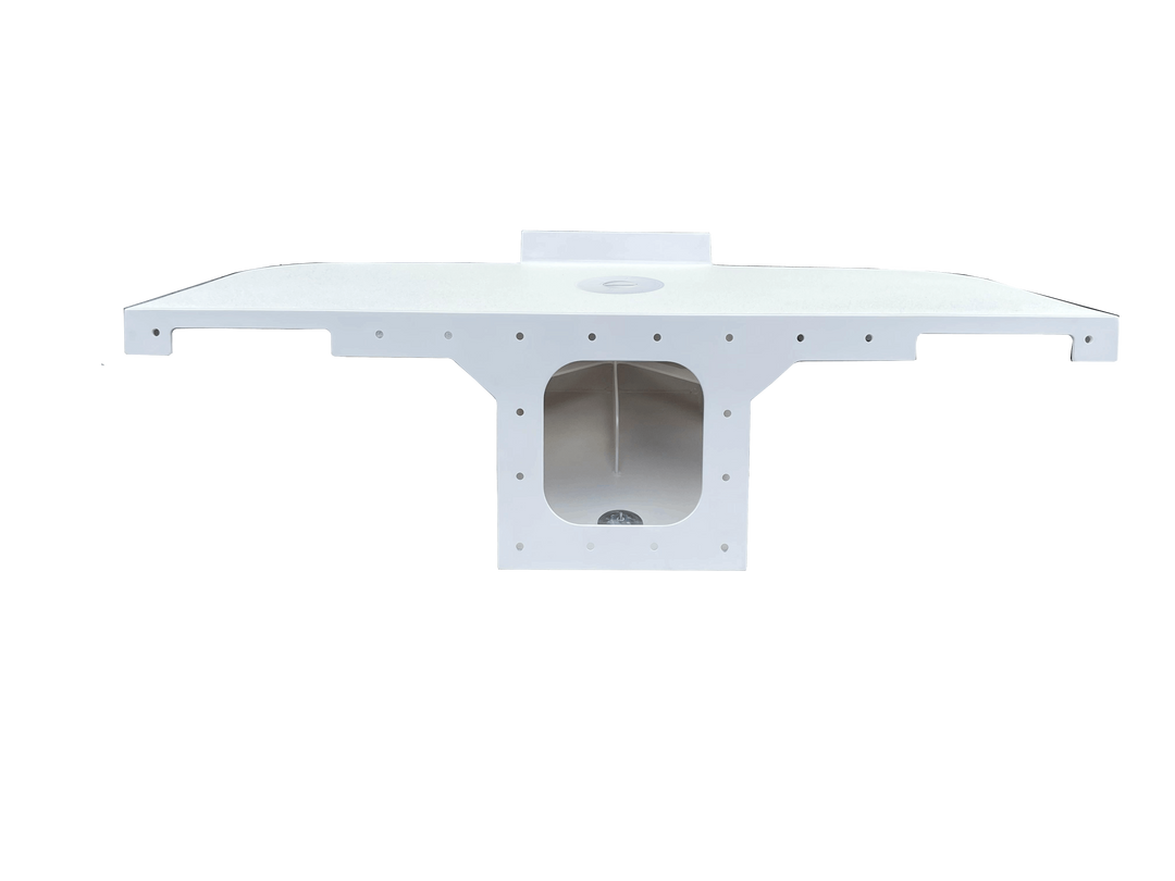 A composite set of images showing a white, fiberglass boat engine bracket for a single engine, identified as a "Pursuit 21 Apex Single Engine Bracket". The bracket is wide and T-shaped, featuring a flat top mounting plate and a hollow central section with a large, squarish cutout. Multiple views include a straight-on front elevation and an isometric perspective, showing mounting holes along the perimeter and a raised section at the rear of the top plate. A circular access cover is visible 