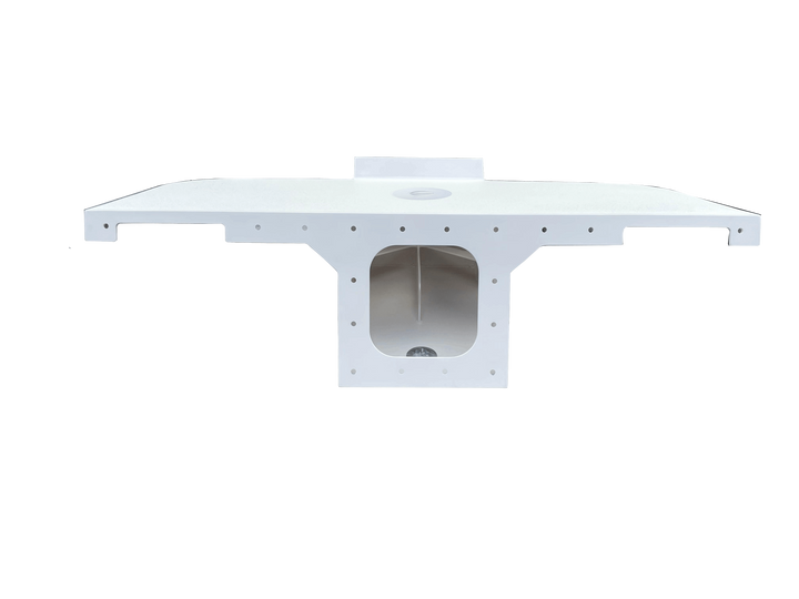 A composite set of images showing a white, fiberglass boat engine bracket for a single engine, identified as a "Pursuit 21 Apex Single Engine Bracket". The bracket is wide and T-shaped, featuring a flat top mounting plate and a hollow central section with a large, squarish cutout. Multiple views include a straight-on front elevation and an isometric perspective, showing mounting holes along the perimeter and a raised section at the rear of the top plate. A circular access cover is visible 