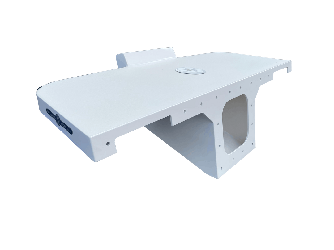 An image of a white, fiberglass boat engine bracket designed for a single engine, shown against a checkered background. The bracket is wide and flat on top with a raised section at the rear. The main body features a large, squarish central cutout for the engine well, and numerous small mounting holes line the perimeter of the top and bottom mounting flanges. The title associated with the product is "Pursuit 2100 Apex Single Engine."