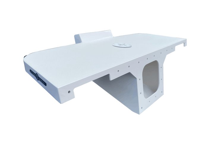 An image of a white, fiberglass boat engine bracket designed for a single engine, shown against a checkered background. The bracket is wide and flat on top with a raised section at the rear. The main body features a large, squarish central cutout for the engine well, and numerous small mounting holes line the perimeter of the top and bottom mounting flanges. The title associated with the product is "Pursuit 2100 Apex Single Engine."