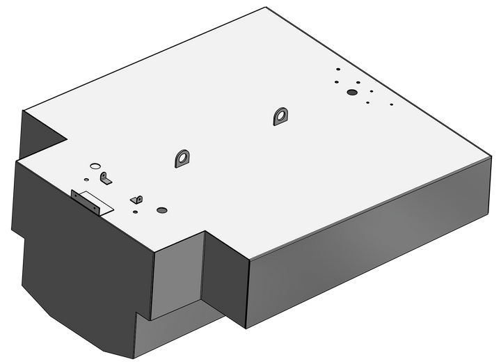 Illustration of a 190-gallon OEM replacement belly fuel tank designed for the Bertram 28 Flybridge, featuring mounting holes and a flat surface