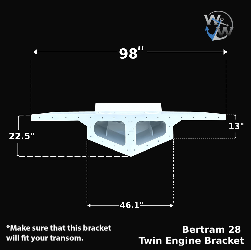 Diagram of a Bertram 28 Twin High Flotation Engine Bracket, measuring 98 inches in length and 13 inches in width, with a height of 22.5 inches. The bracket features two engine mount openings spaced 46.1 inches apart. A note emphasizes the importance of ensuring the bracket fits the transom