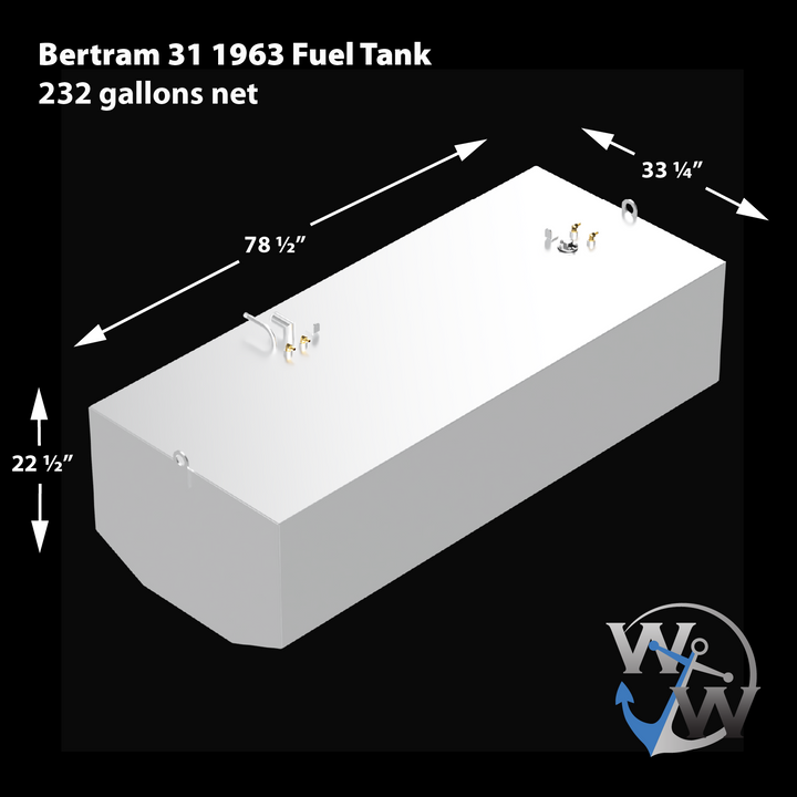 A 3D rendered model of a large rectangular marine fuel tank labeled as "Bertram 31 1963 Fuel Tank" with a net capacity of 232 gallons. The tank is shown in light gray with various fittings and mounting brackets on the top surface. Dimensions are indicated with white arrows and text: length 78 ½ inches, width 33 ¼ inches, and height 22 ½ inches. The tank has a beveled front bottom edge and several circular lifting eyes on the top edges. The background is black