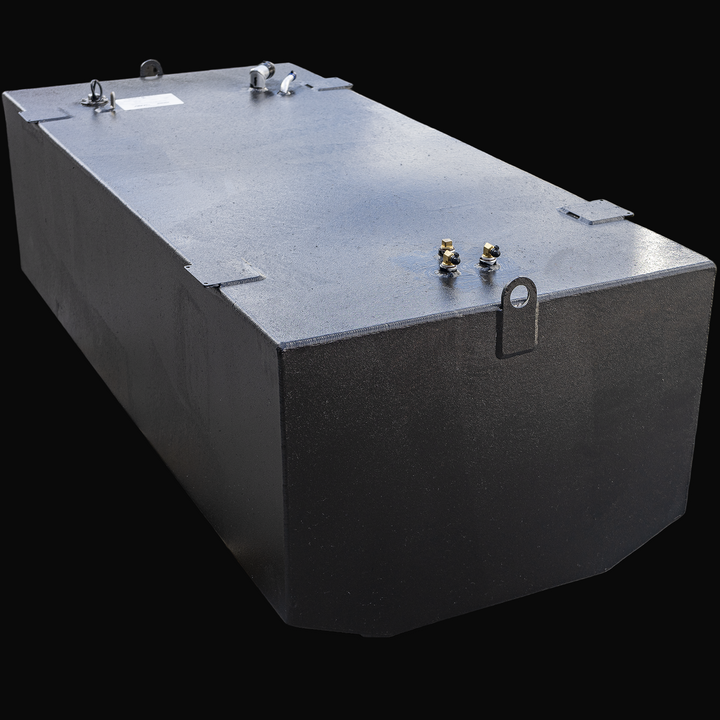 Black rectangular marine fuel tank with a flat top, angled front bottom edges, and welded mounting brackets along the sides. The top surface includes fittings, wiring, and a label. The background is transparent