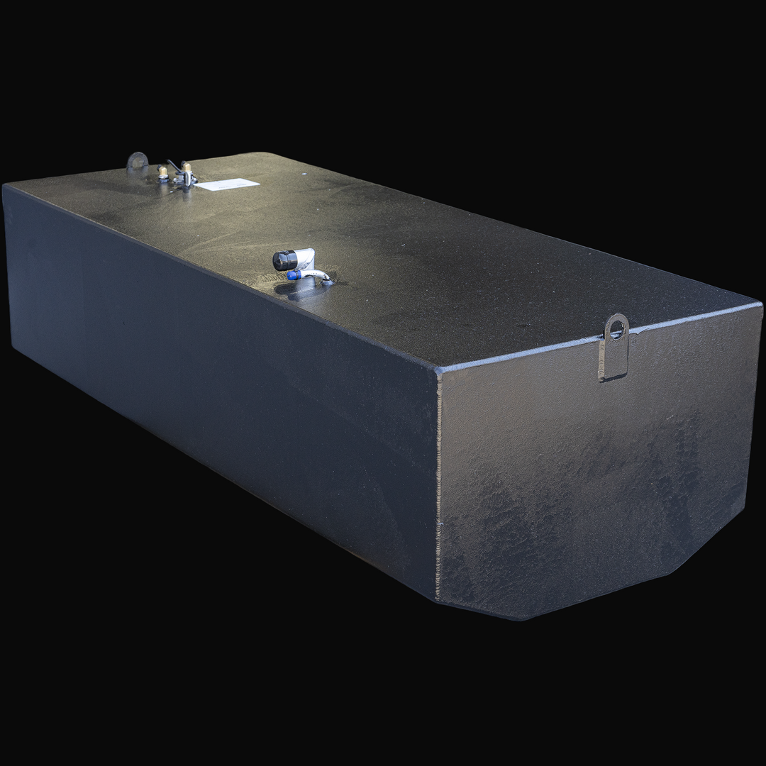 Black rectangular marine fuel tank with a flat top, angled front bottom edges, welded mounting brackets along the sides, and fittings including wiring and a label on the top. The background is transparent