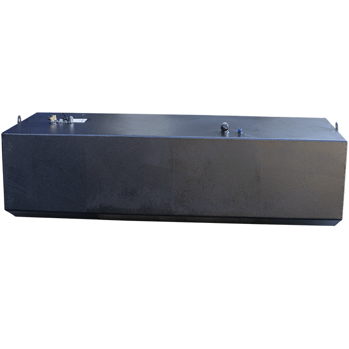 Black rectangular marine fuel tank with flat top and angled front bottom corners. The tank features multiple fittings on the top surface, including two capped pipes on the right and a cluster of fittings on the left side, along with a white label. The surface shows texture and welding marks. The background is transparent