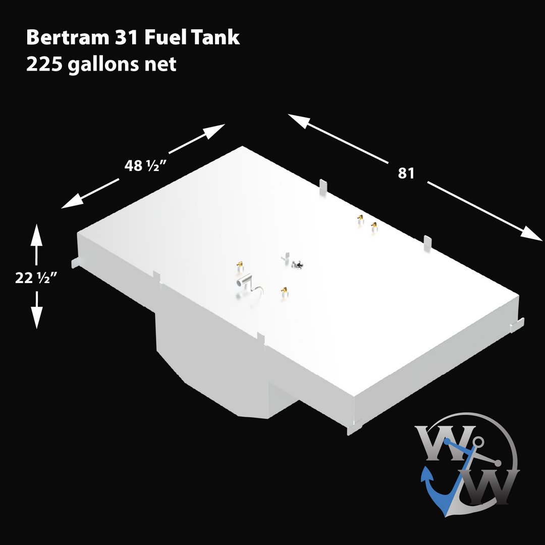 225-gallon Built to OEM Specs belly fuel tank designed specifically for the Bertram 31 model, featuring durable construction and a streamlined shape for optimal fit and performance