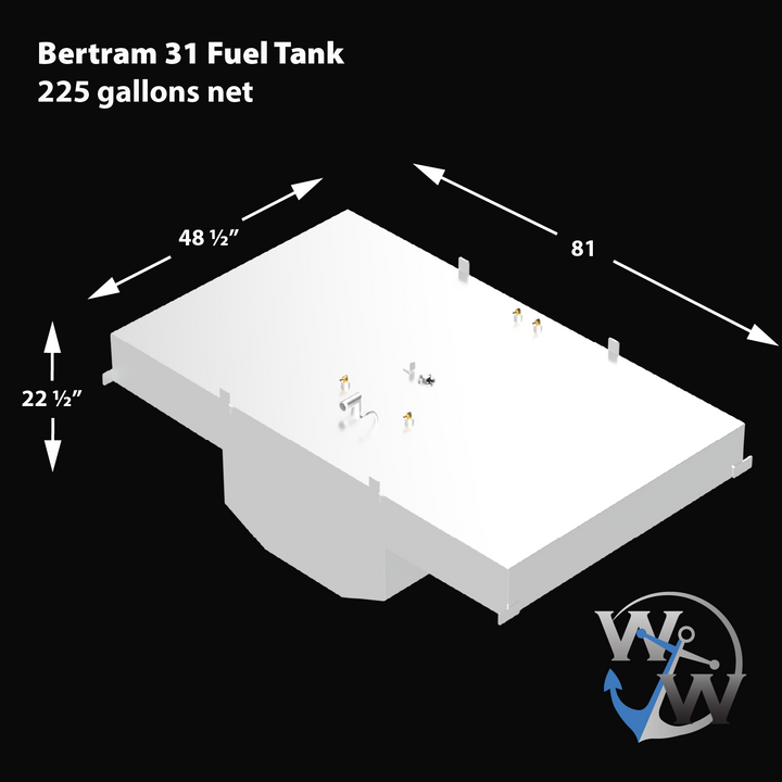 225-gallon Built to OEM Specs belly fuel tank designed specifically for the Bertram 31 model, featuring durable construction and a streamlined shape for optimal fit and performance