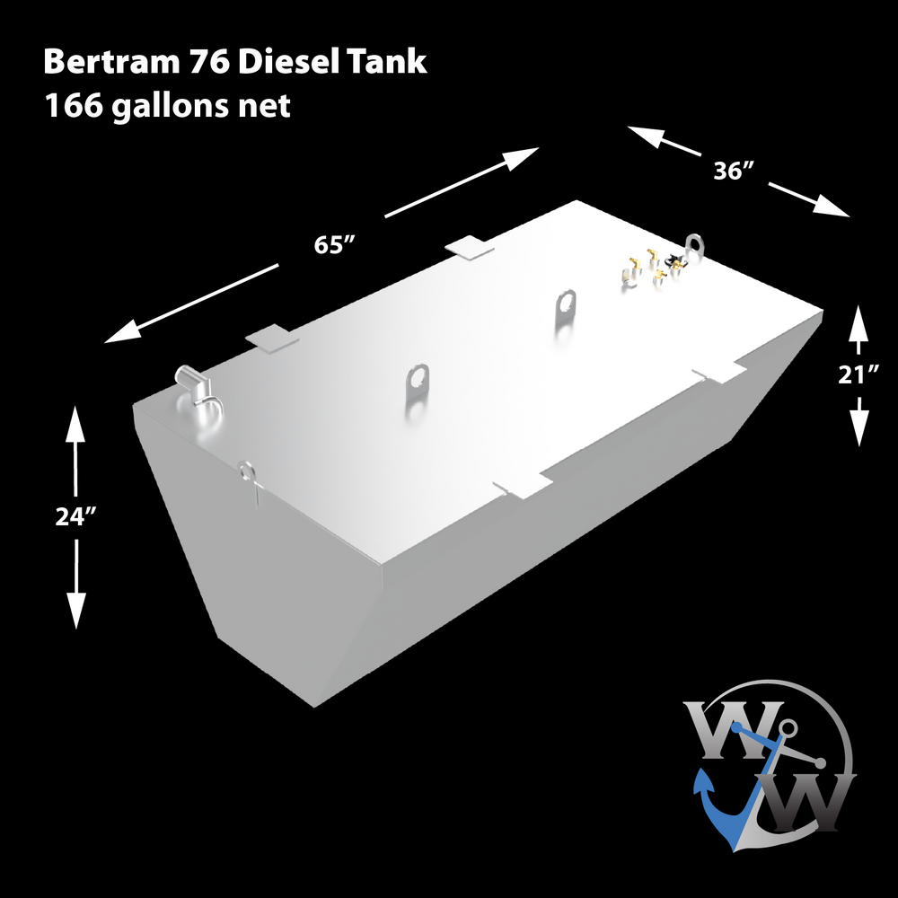 A silver, irregularly shaped fuel tank for a Bertram 76, labeled as a "Diesel Tank" with a net capacity of 166 gallons. The tank's dimensions are provided: 65 inches long, 36 inches wide, and with varying heights of 24 inches and 21 inches. Various fittings, including loops and nozzles, are visible on its top surface. A white and blue "WW" logo with an anchor is in the bottom right corner
