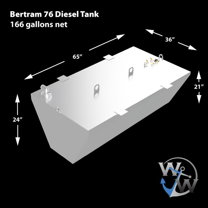 A silver, irregularly shaped fuel tank for a Bertram 76, labeled as a "Diesel Tank" with a net capacity of 166 gallons. The tank's dimensions are provided: 65 inches long, 36 inches wide, and with varying heights of 24 inches and 21 inches. Various fittings, including loops and nozzles, are visible on its top surface. A white and blue "WW" logo with an anchor is in the bottom right corner