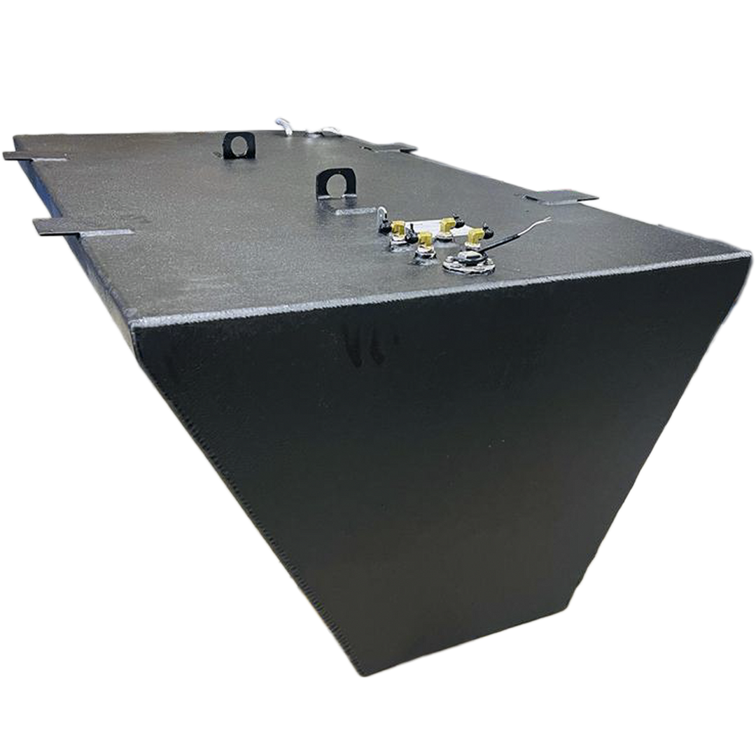 A grey, irregularly shaped metal tank with a textured surface is depicted against a black and grey checkered background. The tank features various nozzles, ports, and what appear to be mounting brackets on its top surface. The overall shape suggests it's designed to fit into a specific space