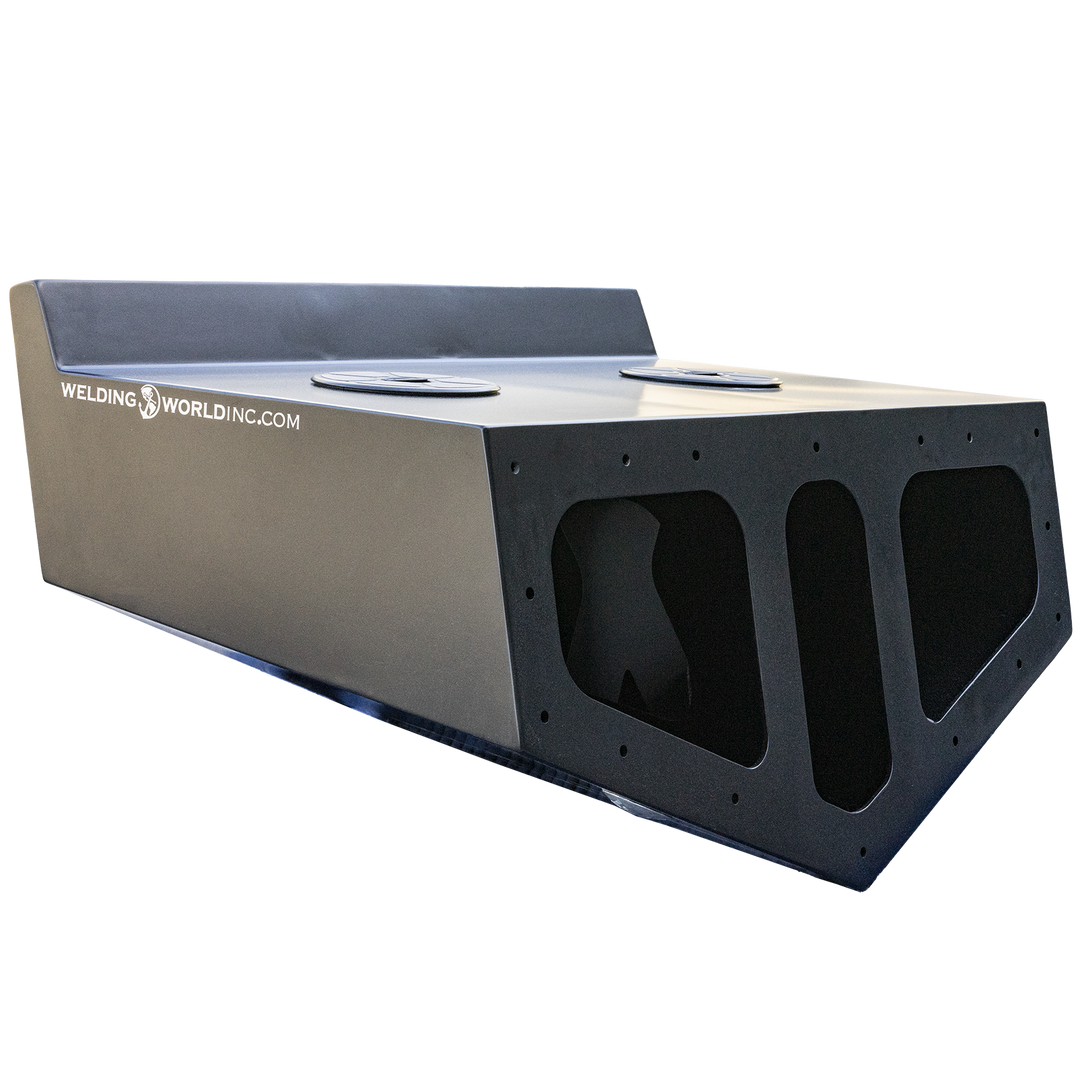 Alt text: Black Ops High Flotation Twin Outboard Engine Bracket, a rectangular metal frame with cutouts on the front side, featuring two circular access hatches on top, and the logo "WELDING WORLD INC.COM" printed on the side. The background is transparent.

