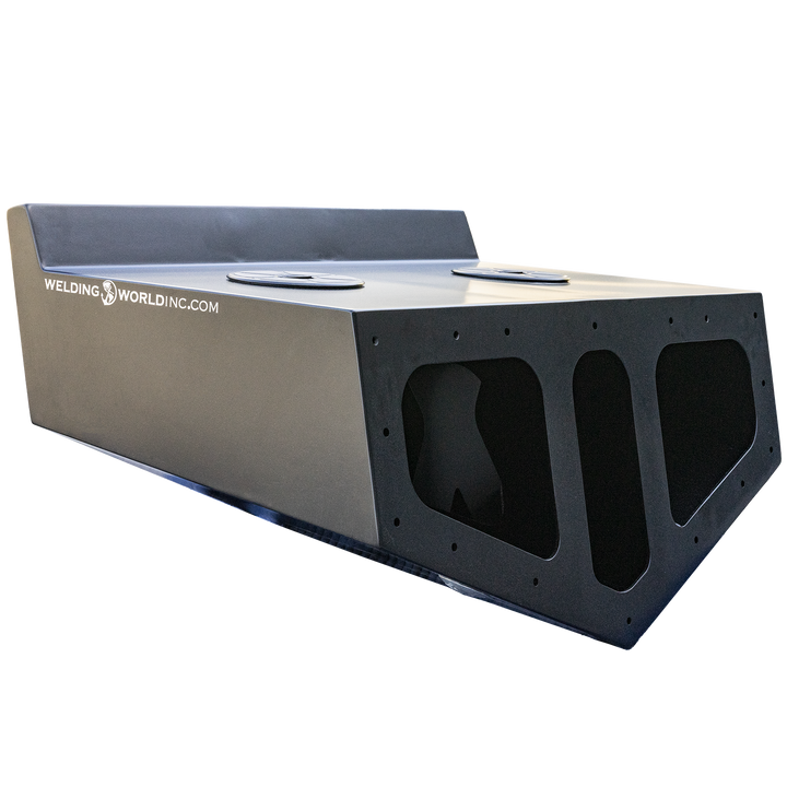 Alt text: Black Ops High Flotation Twin Outboard Engine Bracket, a rectangular metal frame with cutouts on the front side, featuring two circular access hatches on top, and the logo "WELDING WORLD INC.COM" printed on the side. The background is transparent.

