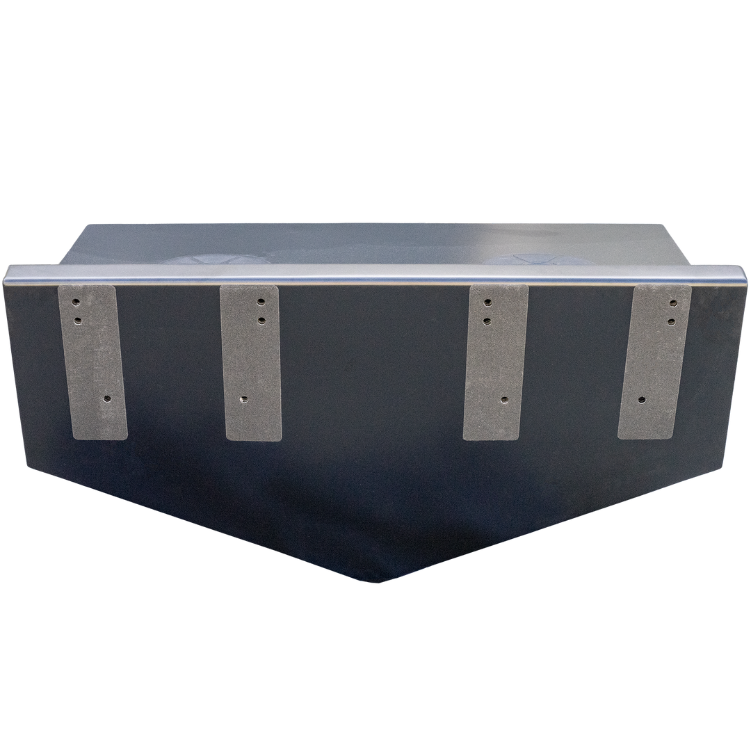 Black Ops High Flotation Twin Outboard Engine Bracket, a large rectangular metal structure with a dark finish, featuring four vertical silver support plates on the side and a flat top surface. The background is transparent with a checkered pattern