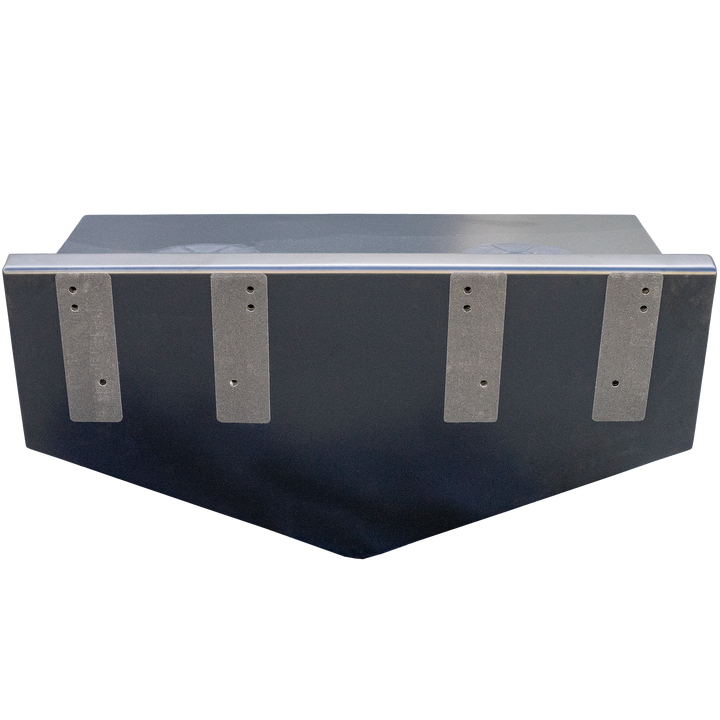 Black Ops High Flotation Twin Outboard Engine Bracket, a large rectangular metal structure with a dark finish, featuring four vertical silver support plates on the side and a flat top surface. The background is transparent with a checkered pattern