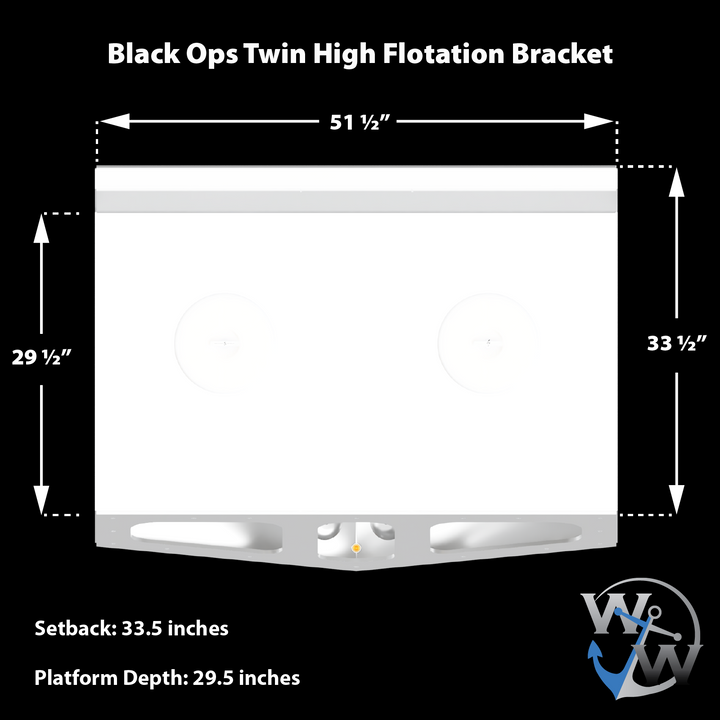 Technical diagram of the Black Ops High Flotation Twin Outboard Engine Bracket, showing dimensions with a width of 51.5 inches, height of 33.5 inches, and a setback of 33.5 inches. The platform depth is 29.5 inches. The diagram includes a logo with an anchor and the letters "V" and "W" at the bottom right corner, and annotations for measurements