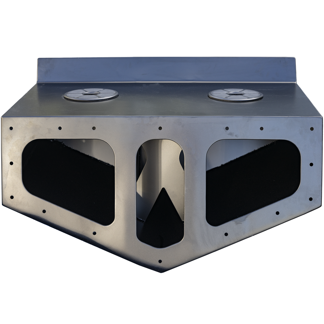 Black Ops High Flotation Twin Outboard Engine Bracket, a metallic rectangular frame with rounded edges, featuring two circular openings on the top surface and large cutouts on the sides. The background is transparent with a checkerboard pattern