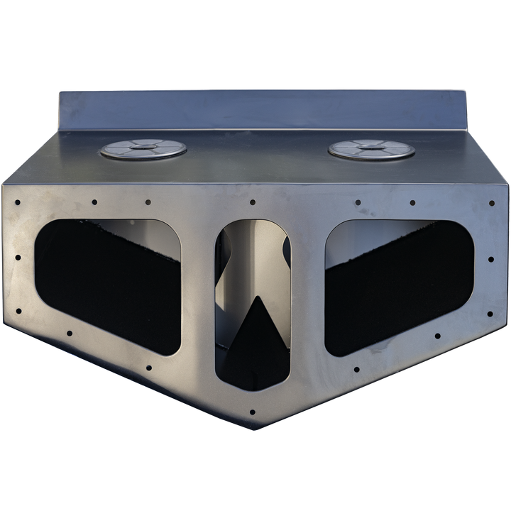 Black Ops High Flotation Twin Outboard Engine Bracket, a metallic rectangular frame with rounded edges, featuring two circular openings on the top surface and large cutouts on the sides. The background is transparent with a checkerboard pattern