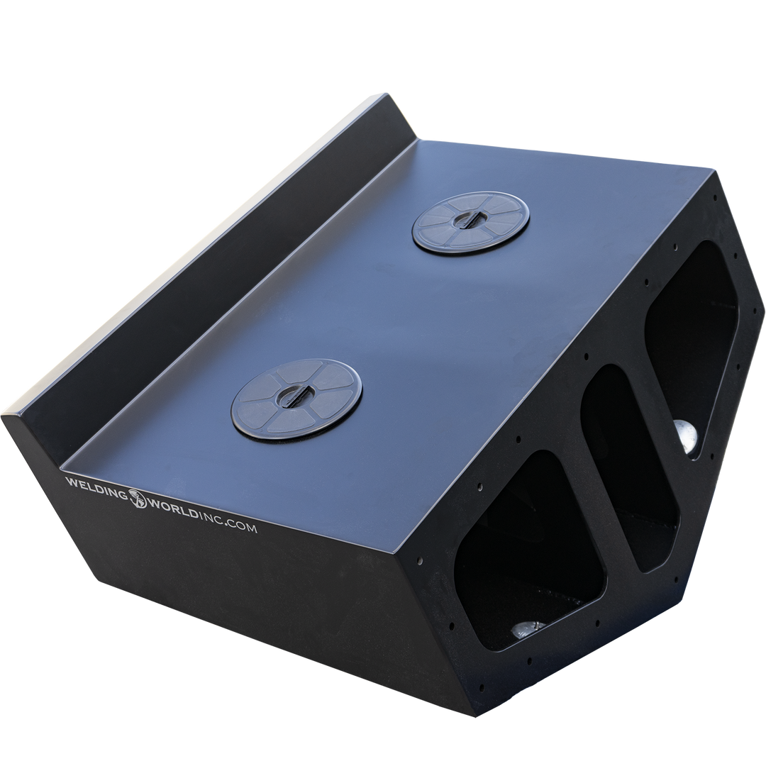 Black Ops High Flotation Twin Outboard Engine Bracket, a sturdy black metal structure with a sloped top surface featuring two circular access hatches, open side compartments for mounting engines, and the "WELDING WORLD INC" logo printed on the front. The background is transparent