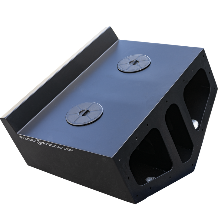 Black Ops High Flotation Twin Outboard Engine Bracket, a sturdy black metal structure with a sloped top surface featuring two circular access hatches, open side compartments for mounting engines, and the "WELDING WORLD INC" logo printed on the front. The background is transparent