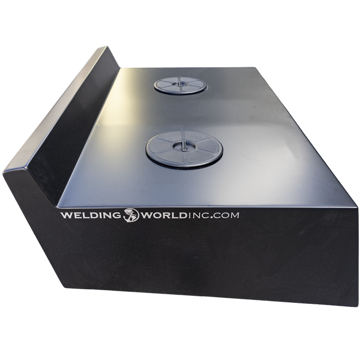 Black Ops High Flotation Twin Outboard Engine Bracket, a sturdy, black metal box with two circular access hatches on top, angled side panels, and the "WELDING WORLD INC" logo printed on the front. The background is transparen