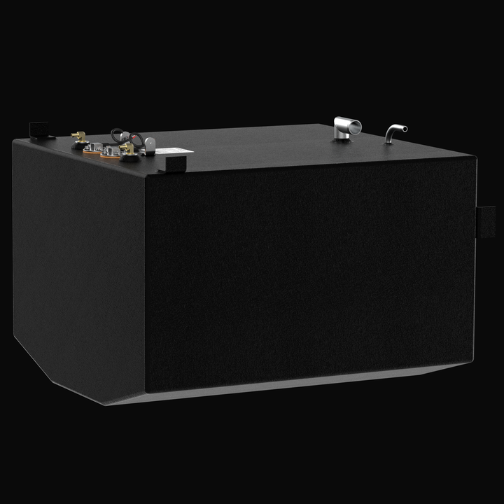 A low-angle perspective rendering of a black Blackfin 29 OEM replacement marine fuel tank from file image_a7051c.jpg, isolated against a black background. This dimensional view showcases the tank's shorter end-profile geometry and highlights its specialized V-shaped bottom deadrise profile, custom-engineered to sit flush within the vessel's hull stringer grid. Precision-fabricated from heavy-gauge marine-grade 5052-H32 aluminum, the structural 162-gallon capacity fuel cell is fully encapsulated in an anti-c
