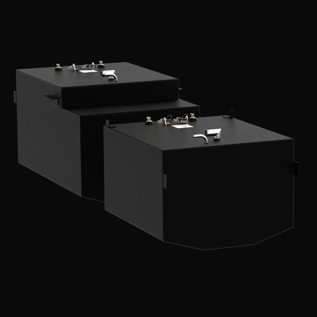 A low-angle isometric perspective rendering of a pair of black Blackfin 29 OEM replacement marine fuel tanks from file image_a708fe.jpg, isolated against a black background. This dimensional front-end view showcases both the port and starboard configurations of the custom-engineered center belly tank system, highlighting their specialized V-shaped bottom profiles designed by Welding World to sit flush within the vessel's hull stringer grid. Precision-fabricated from heavy-gauge marine-grade 5052-H32 aluminu