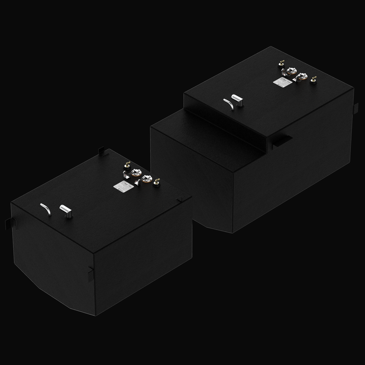 A high-angle isometric perspective rendering of a pair of black Blackfin 29 OEM replacement marine fuel tanks from file image_a4e0b0.jpg, isolated against a black background. This dimensional overview showcases both the port and starboard configurations of the custom-engineered center belly tank system, meticulously modeled by Welding World to sit flush within the vessel's hull stringer grid. Precision-fabricated from heavy-gauge marine-grade 5052-H32 aluminum, the structural 162-gallon total capacity fluid