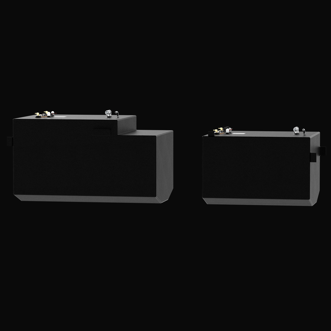 A low-angle side elevation rendering of a pair of black Blackfin 29 OEM replacement marine fuel tanks from file image_a70c02.png, isolated against a black background. This perspective showcases both the stepped structural tank and the standard straight profile of the custom-engineered center belly tank system, highlighting their specialized V-shaped bottom deadrise profiles designed by Welding World to sit flush within the vessel's central hull stringer grid. Precision-fabricated from heavy-gauge marine-gra