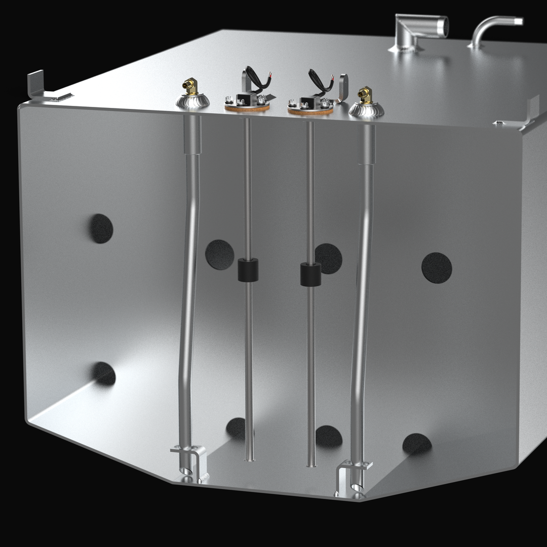 A close-up, cutaway technical rendering of the internal dual pickup assembly, dual sending units, and baffle system of a raw aluminum Blackfin 29 replacement marine fuel tank from file image_a704a0.jpg, isolated against a black background. This transparent cross-sectional view showcases the high-performance internal engineering designed by Welding World to eliminate fuel starvation, revealing dual rigid aluminum fuel pickup tubes extending from top-deck brass 90-degree elbows down to the deepest point of th