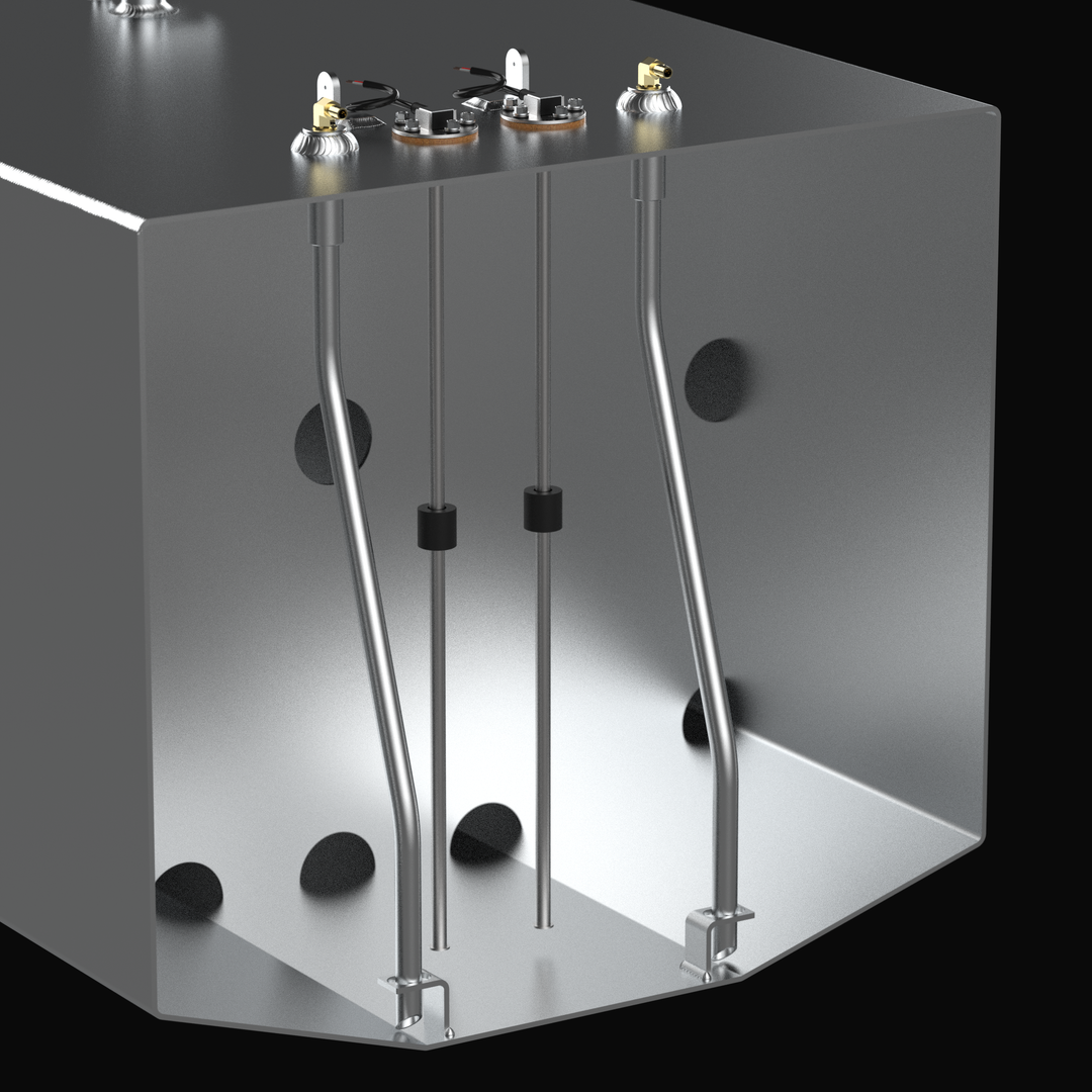 A close-up internal cutaway technical rendering of the dual fuel pickup assemblies, dual electronic sending units, and internal baffling inside a raw aluminum Blackfin 29 OEM replacement marine fuel tank from file image_a865ba.jpg, isolated against a black background. This detailed cross-sectional view showcases the high-performance engineering by Welding World to prevent fuel starvation under aggressive offshore conditions, revealing two rigid aluminum fuel pickup tubes running from top-deck brass 90-degre