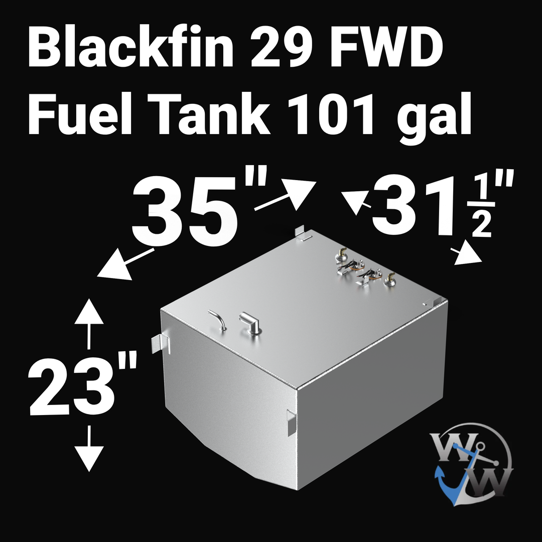 A high-angle isometric product graphic diagram of a raw aluminum Blackfin 29 FWD (Forward) OEM replacement marine fuel tank from file image_b2808a.jpg, isolated against a black background. Large white bold text overlays detail the exact physical dimensions, specifying a 101-gallon capacity, a length of 35 inches, a width of 31-1/2 inches, and a height of 23 inches. The CAD rendering highlights the specialized V-shaped bottom deadrise profile custom-engineered by Welding World to sit perfectly flush within t